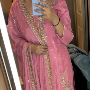 Embellished Pink Women's Palazzo Pants Maxi with Gold Trim